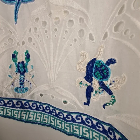 Maeve Anthropologie White Skirt 8 Ocean Animal Nautical Embroidered Bead Eyelet - Picture 3 of 11